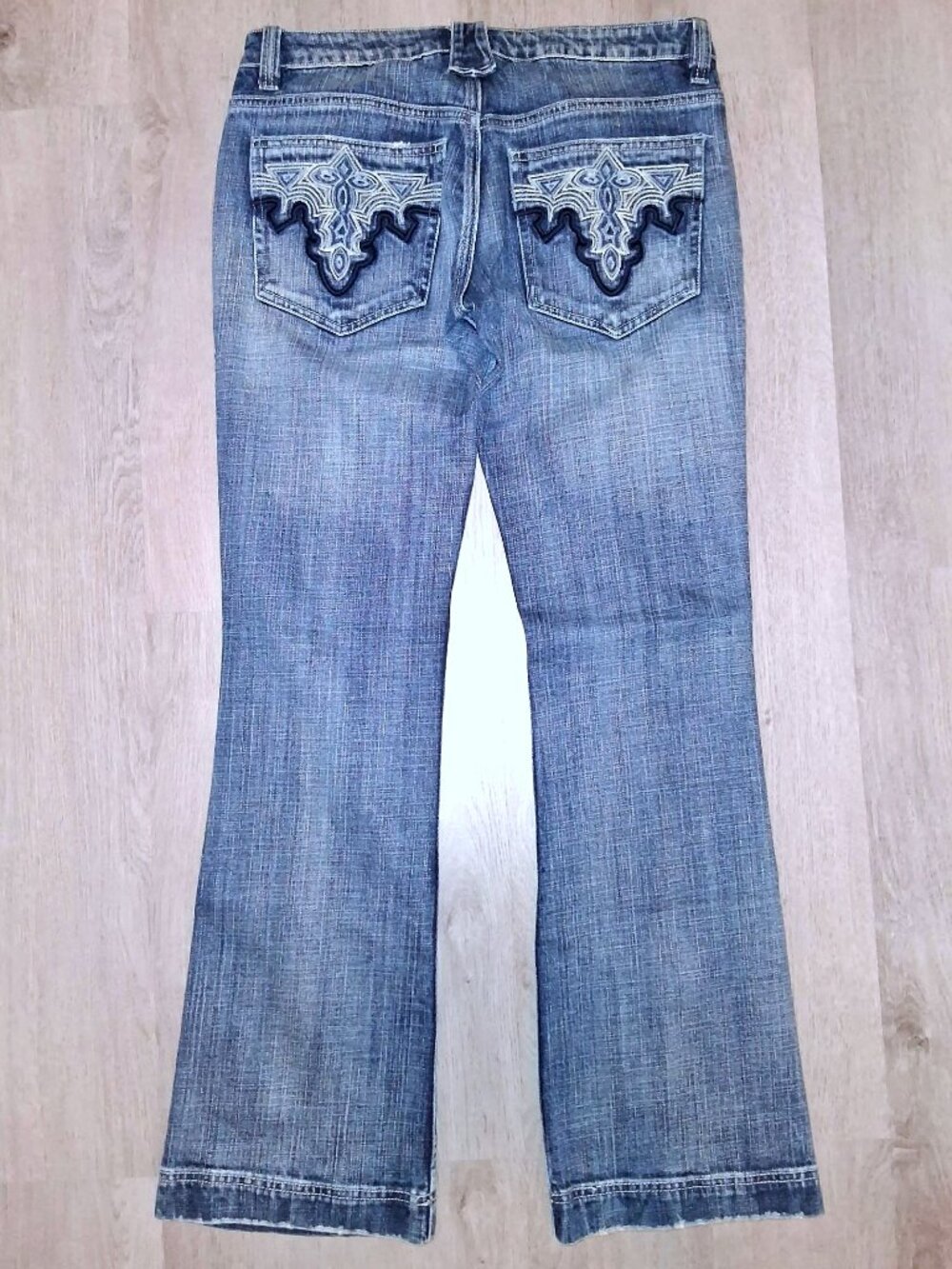 Vintage Y2k Antik Denim Embroidered Flared Jeans Size 31 Distressed Denim Flares